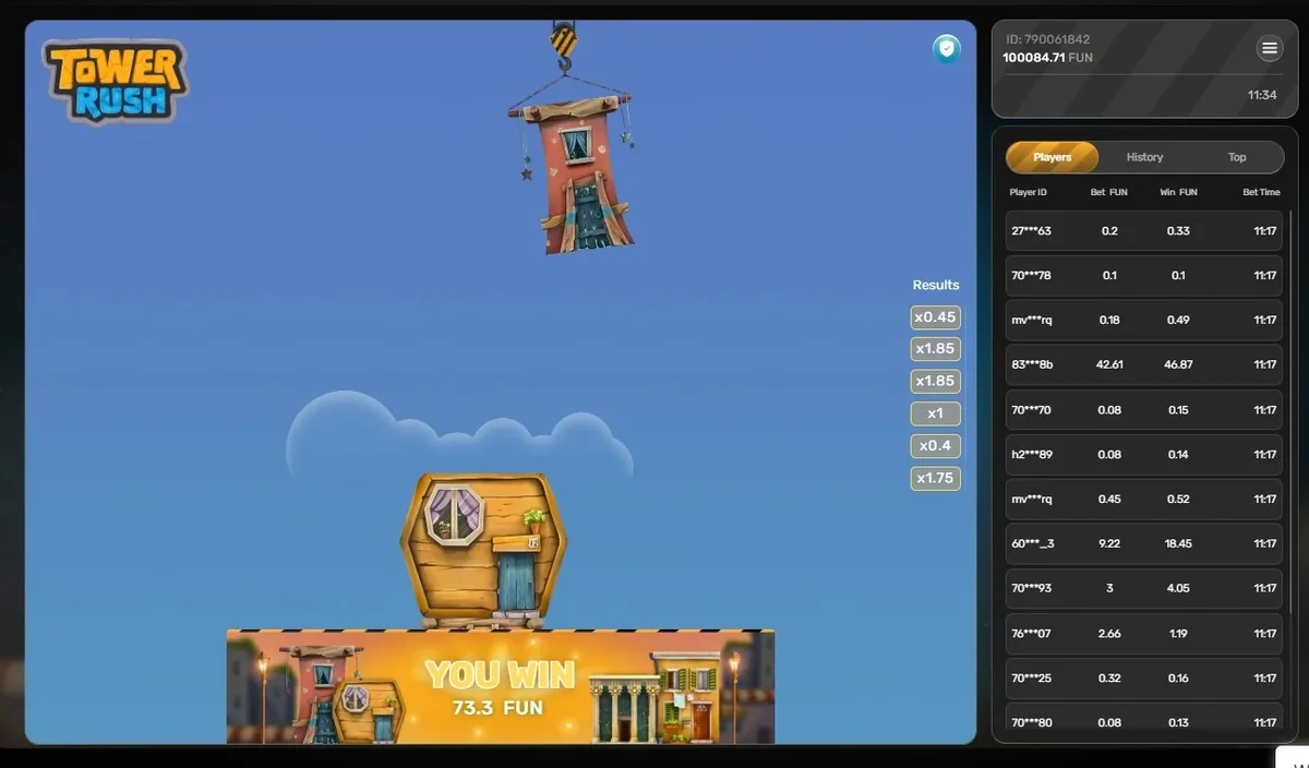 Tower Rush demo round in FUN credits ending with a 73.3 win beside the live players table