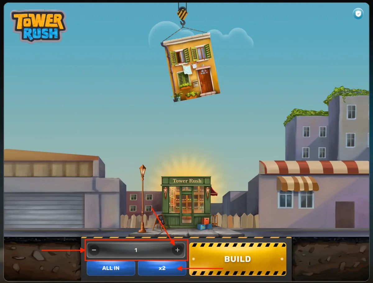 Tower Rush interface with a floor hanging from the crane above the Build button and bet controls