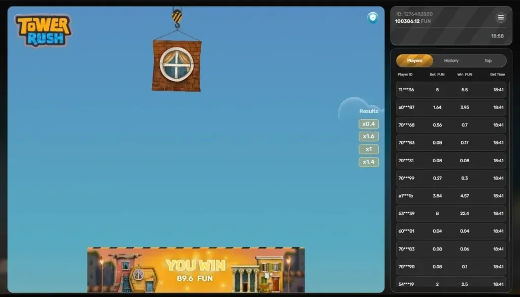 Tower Rush round paying out 89.6 with the recent multiplier history shown in the results panel